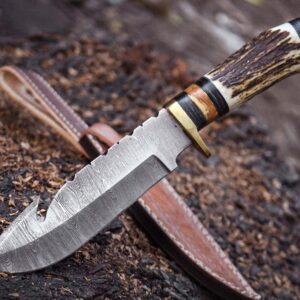 Custom Handmade Hunting Knife gut hook Skinner Fixed Blade Knife Damascus Steel 10'' Overall With Sheath