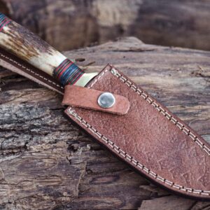 Custom Handmade Hunting Knife Skinner Fixed Blade Knife Damascus Steel 10'' Overall stag 'antler hanlde With Sheath