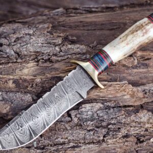 Custom Handmade Hunting Knife Skinner Fixed Blade Knife Damascus Steel 10'' Overall stag 'antler hanlde With Sheath