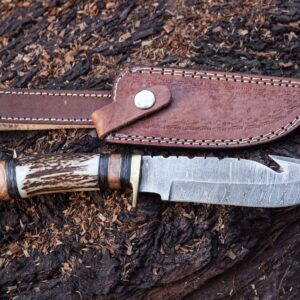 Custom Handmade Hunting Knife gut hook Skinner Fixed Blade Knife Damascus Steel 10'' Overall With Sheath