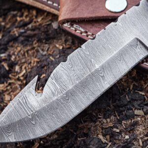 Custom Handmade Hunting Knife gut hook Skinner Fixed Blade Knife Damascus Steel 10'' Overall With Sheath