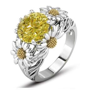 koguxuix 925 sterling silver ring citrine daisy ring cubic zirconia sunflower flower wedding ring fashion lady cz ring for women (6)