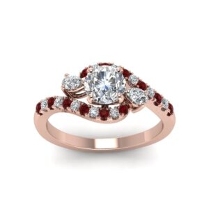 Gemsonclick Swirl Halo Simple Diamond Ring 14k Rose Gold Plated Created Ruby Round shape Red color Halo Engagement Rings prong Setting in Size 8 Minimal Surprise Gifts for Ladies