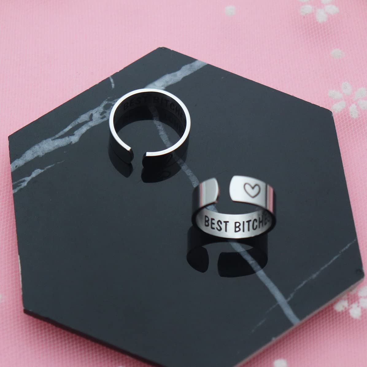 Eilygen Best Bitches Ring Set Stainless Steel Adjustable Rings Friendship Jewelry Gift for BFF Sisters Bestie (Best Bitches Ring Set silver)