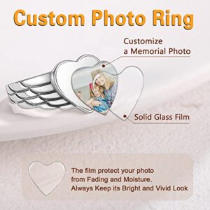 SILVERCUTE Angel Wings Ring with Picture Sterling Silver Feather Heart Engagement Ring Custom Photo Keepsake Jewelry for Women, Size 5 to 11