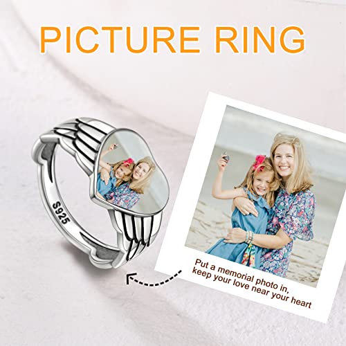 SILVERCUTE Angel Wings Ring with Picture Sterling Silver Feather Heart Engagement Ring Custom Photo Keepsake Jewelry for Women, Size 5 to 11