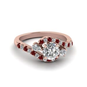 Gemsonclick Swirl Halo Simple Diamond Ring 14k Rose Gold Plated Created Ruby Round shape Red color Halo Engagement Rings prong Setting in Size 8 Minimal Surprise Gifts for Ladies