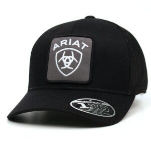 ariat men's flexfit 110 cap, black with large grey & white logo patch, white mesh back, snapback