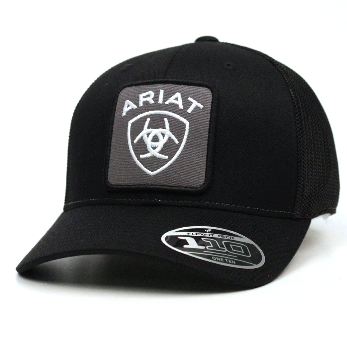 ARIAT Men's Flexfit 110 Cap, Black with Large Grey & White Logo Patch, White Mesh Back, Snapback