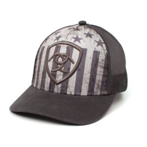 ARIAT Men's Cap, Grey with Muted USA Flag & Embroidered Shield, Grey Mesh Back, Snapback