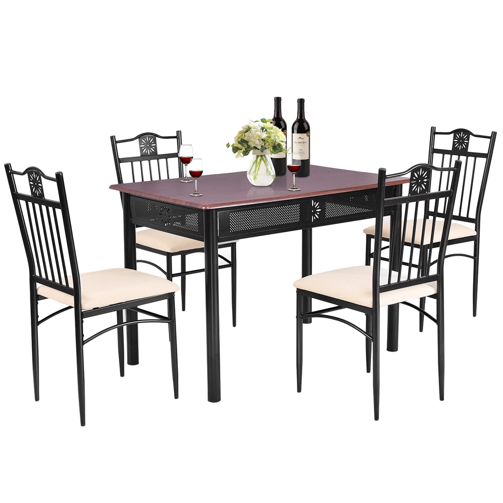 COSTWAY 5 Pieces Dining Table Set, Modern Kitchen Table Set for 4 Person, 42” Rectangular Table w/ 4 Upholstered Chairs, Bistro Table Set for Home, Coffee Shop & Restaurant (Brown)