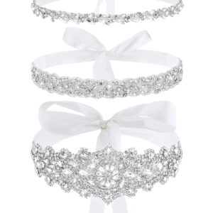 Jecery 3 Pieces Rhinestone Bridal Wedding Sash Belts Handmade Crystal Bridesmaid Sash for Formal Evening Dress Belts (White)