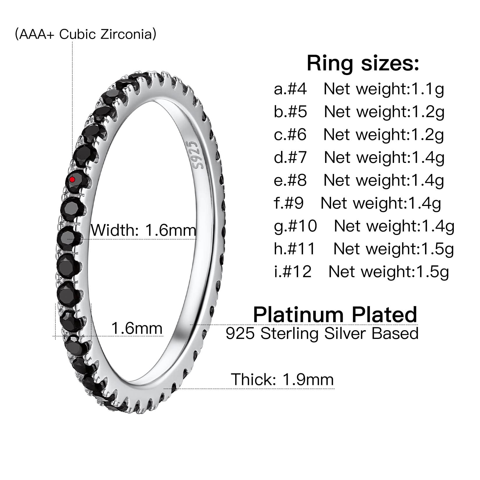 Suplight 925 Sterling Silver Rings 2MM Black Cubic Zirconia Eternity Rings 2MM Wedding Band for Women Size 9