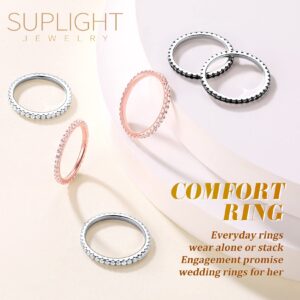 Suplight 925 Sterling Silver Rings 2MM Black Cubic Zirconia Eternity Rings 2MM Wedding Band for Women Size 9