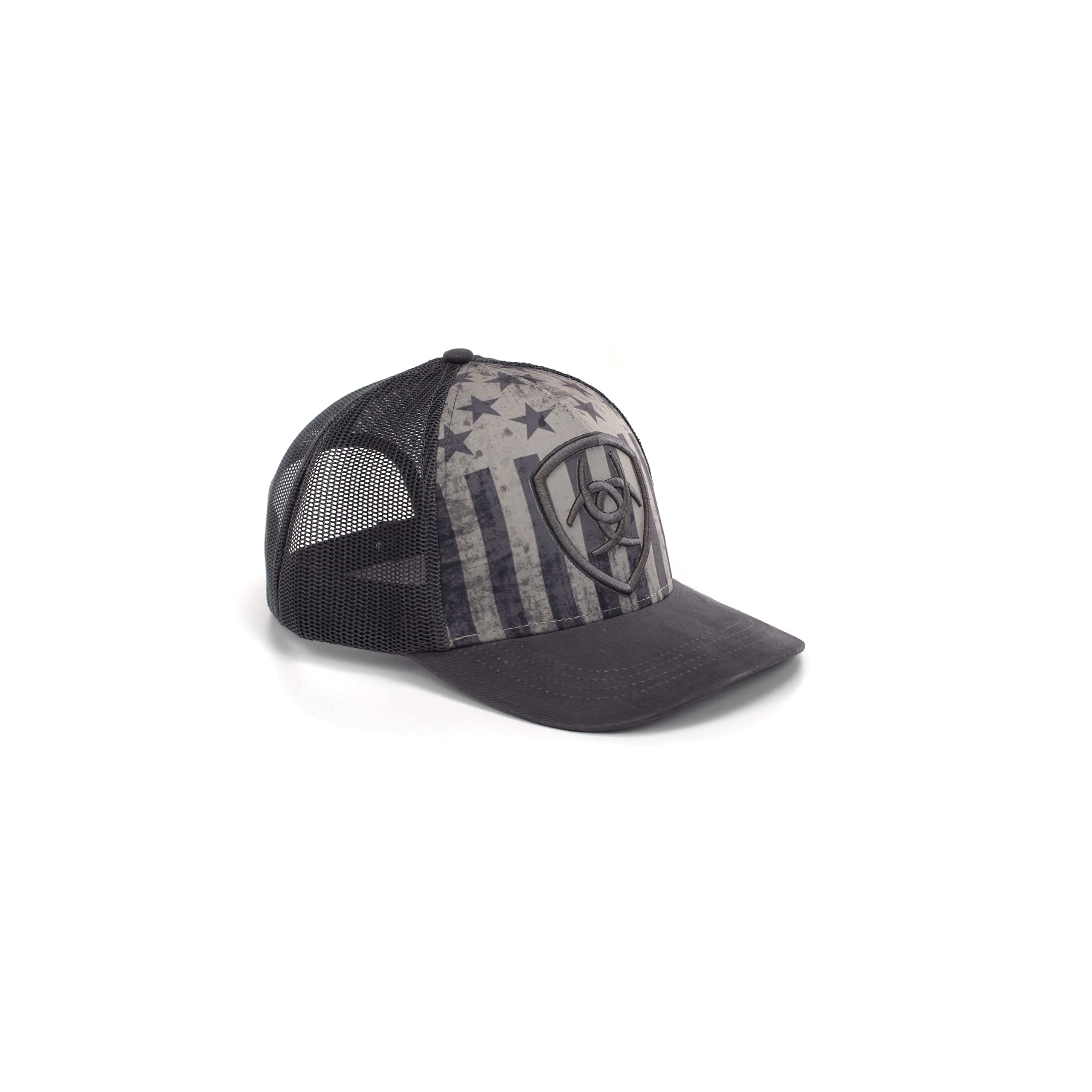 ARIAT Men's Cap, Grey with Muted USA Flag & Embroidered Shield, Grey Mesh Back, Snapback