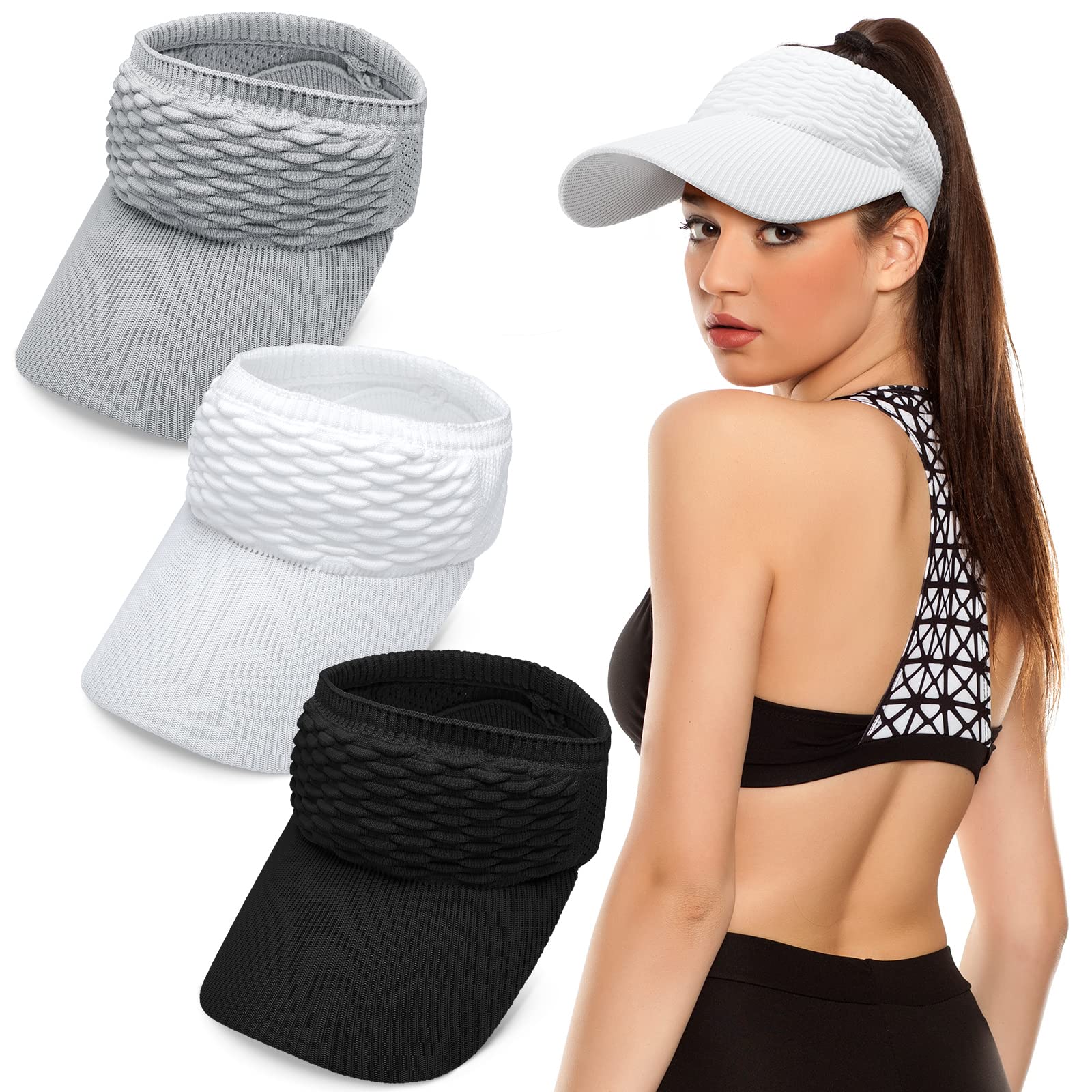 3 Pieces Women Knitted Hats Sun Visor Hat for Women Elastic Sports Hat Empty Top Quick Drying Wide Brim Golf Riding Beach Hiking Hat (Black, White, Gray, 3 Pieces)