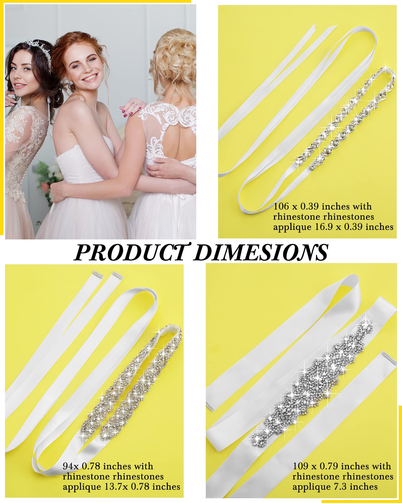 Jecery 3 Pieces Rhinestone Bridal Wedding Sash Belts Handmade Crystal Bridesmaid Sash for Formal Evening Dress Belts (White)