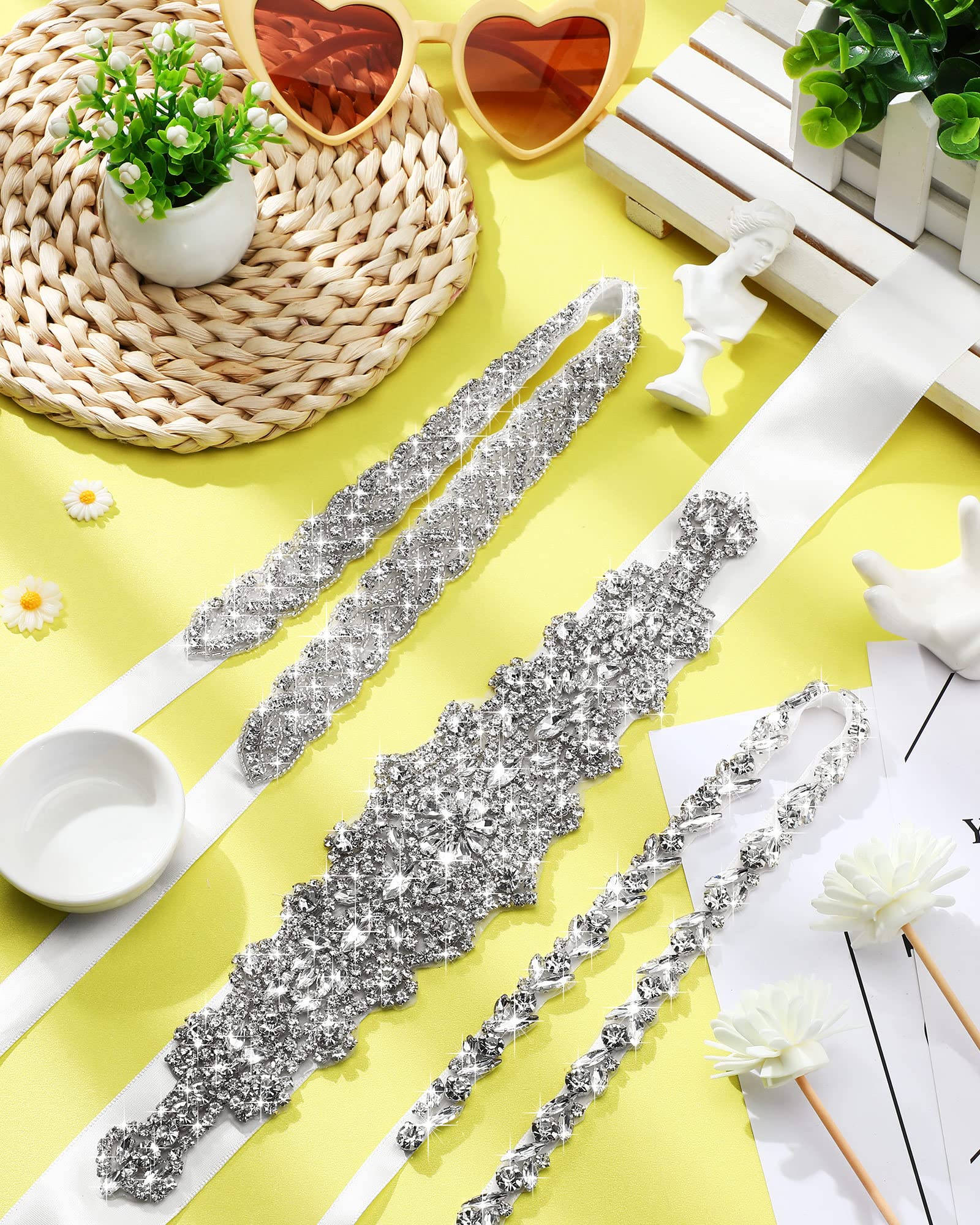 Jecery 3 Pieces Rhinestone Bridal Wedding Sash Belts Handmade Crystal Bridesmaid Sash for Formal Evening Dress Belts (White)