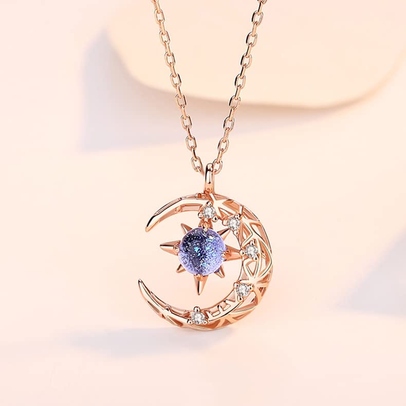 FUTIMELY Sparkling Zircon Crystal Necklace for Women,Blue Starry Sky Galaxy Sun Moon Pendant Necklace,Simple Fashionable Star Necklace (Gold)