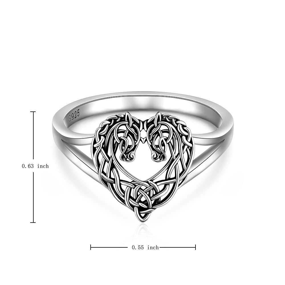 LOVGIFSET Celtic Horse Ring Celtic Knot Horse Wedding Rings for Women band Heart Sterling Silver Mustang Equestrian Jewelry Horses Lover Gifts Size 8