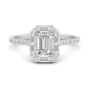 JewelryGift Art Deco Emerald Cut Halo Ring 925 Sterling Silver Created Cubic Zircon Emerald Shape White Color Halo Engagement Rings Prong Setting in Size 7