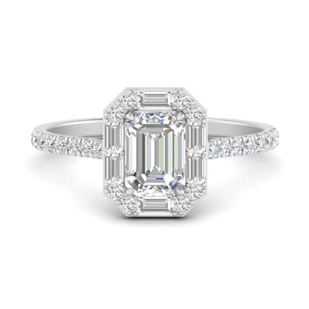 JewelryGift Art Deco Emerald Cut Halo Ring 925 Sterling Silver Created Cubic Zircon Emerald Shape White Color Halo Engagement Rings Prong Setting in Size 7