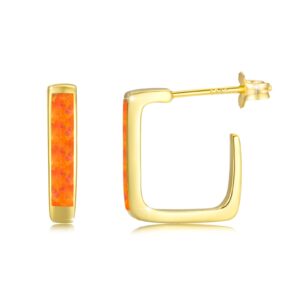 orange earrings for women teen square hoop earrings yellow gold plated orange opal hoops simple minimalist geometric post earrings hypoallergenic jewelry rectangle earrings