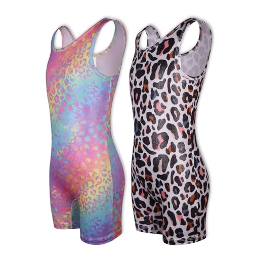 2 Packs Skinny Gymnastics Leotards For Toddler Girls Scoop Neck With Shorts, Little Kids Skinny Colorful Dance Workout Unitards Biketards Tanks Rainbow Leopards