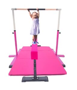 xdance gymnastics bar kip bar for kids 3 in 1 set with adjustable balance tube, 6'x4' tumble mat, expandable height 3 to 5 ft horizontal bar junior gymnast gymnastic bar asymmetric bar pink