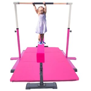 XDance Gymnastics Bar Kip Bar for Kids 3 in 1 Set with Adjustable Balance Tube, 6'x4' Tumble Mat, Expandable Height 3 to 5 FT Horizontal Bar Junior Gymnast Gymnastic Bar Asymmetric Bar Pink