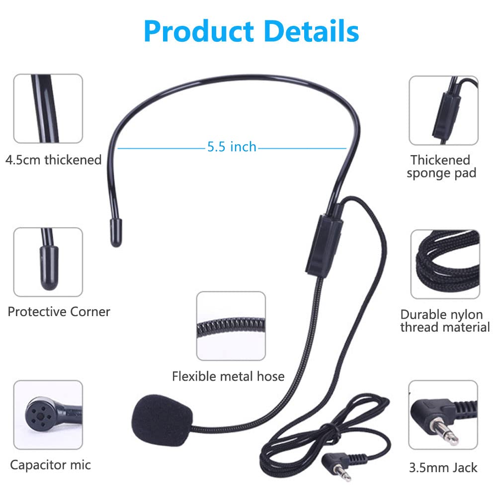 VOVIGGOL 2Pcs Microphone Headset Mic, Flexible Wired Boom for Voice Amplifier, 3.5mm Connector Jack Headset Microphone for Singing, Speaking, Teachers, Coaches, Presentations, Seniors and More