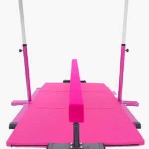 XDance Gymnastics Bar Kip Bar for Kids 3 in 1 Set with Adjustable Balance Tube, 6'x4' Tumble Mat, Expandable Height 3 to 5 FT Horizontal Bar Junior Gymnast Gymnastic Bar Asymmetric Bar Pink