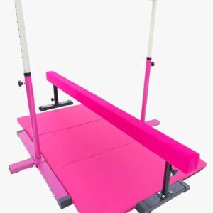 XDance Gymnastics Bar Kip Bar for Kids 3 in 1 Set with Adjustable Balance Tube, 6'x4' Tumble Mat, Expandable Height 3 to 5 FT Horizontal Bar Junior Gymnast Gymnastic Bar Asymmetric Bar Pink