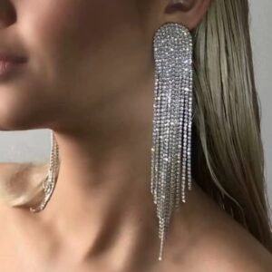 fxmimior Boho Rhinestones Tassels Statement Silver Earrings for Women Long Chain fashion for Wedding (Silver)