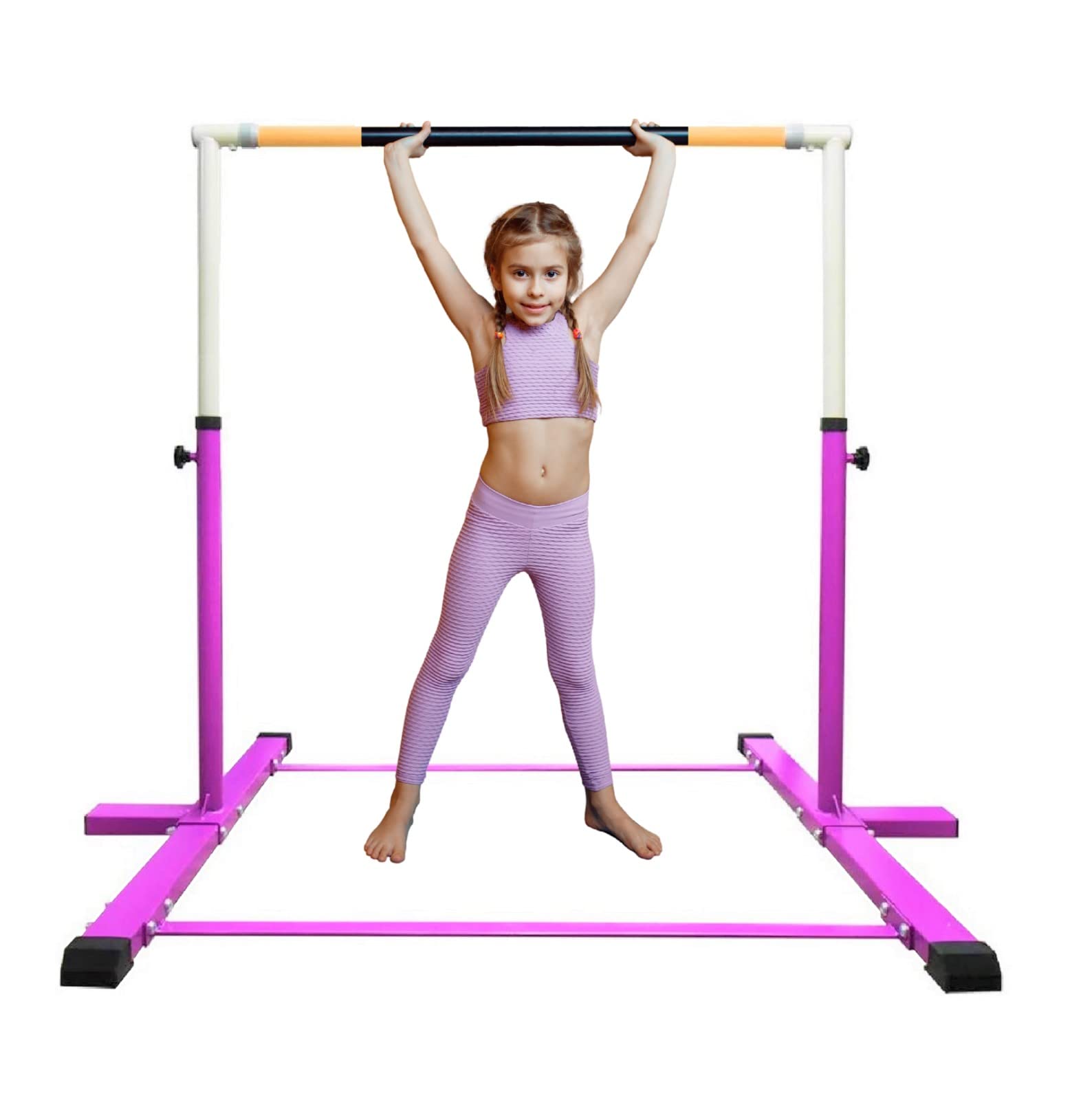 XDance Gymnastics Bar Kip Bar for Kids 3 in 1 Set with Adjustable Balance Tube, 6'x4' Tumble Mat, Expandable Height 3 to 5 FT Horizontal Bar Junior Gymnast Gymnastic Bar Asymmetric Bar Pink