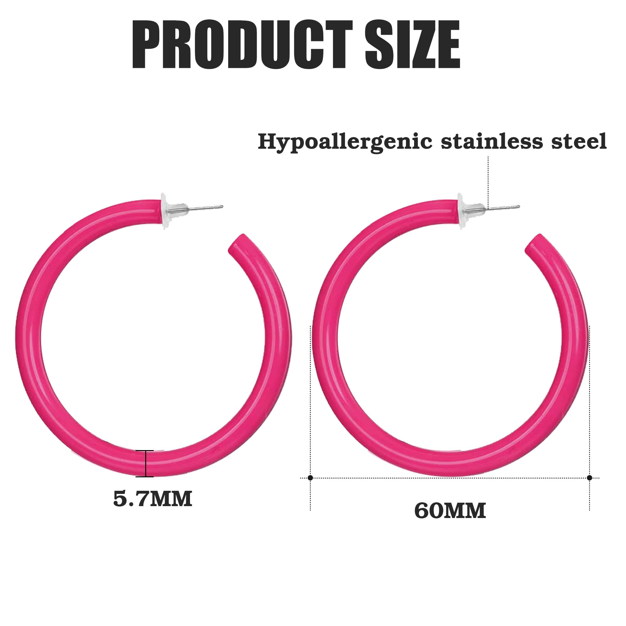 ORAZIO Colorful Big Hoop Earring 80s 90s Retro Earring For Women Acrylic Open Large Hoop Earrings C Shape Trendy Chunky Earrings Lightweight Statement Ear Jewelry 60 70 80mm