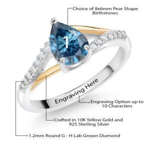 Gem Stone King 925 Silver and 10K Yellow Gold 8X6MM Pear Shape Gemstone Birthstone and White Lab Grown Diamond Engagement Ring For Women | Available In Size 5, 6, 7, 8, 9