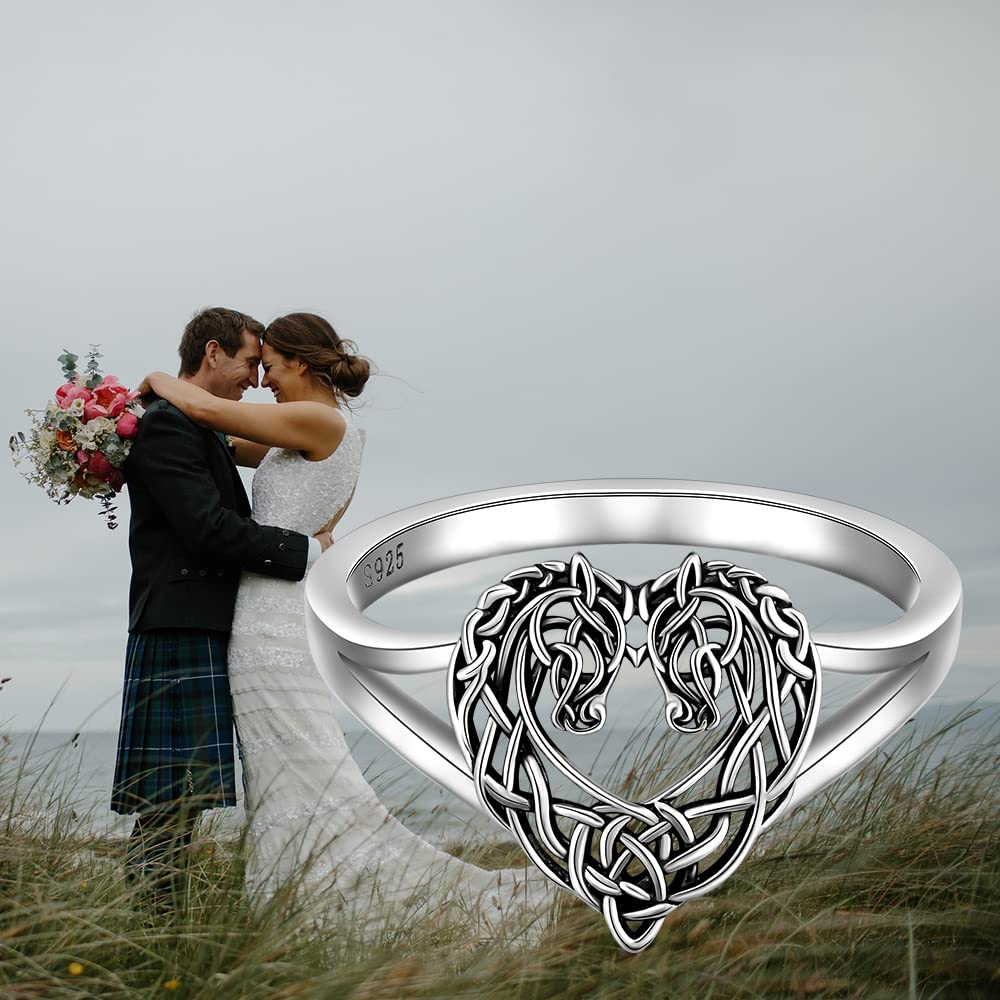 LOVGIFSET Celtic Horse Ring Celtic Knot Horse Wedding Rings for Women band Heart Sterling Silver Mustang Equestrian Jewelry Horses Lover Gifts Size 8