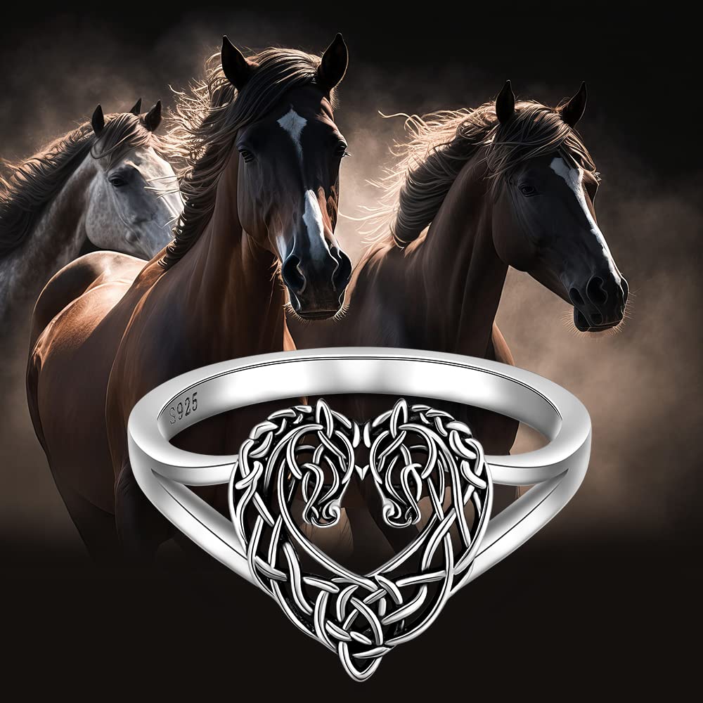 LOVGIFSET Celtic Horse Ring Celtic Knot Horse Wedding Rings for Women band Heart Sterling Silver Mustang Equestrian Jewelry Horses Lover Gifts Size 8