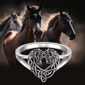 LOVGIFSET Horse Ring Celtic Horse Rings for Women Celtic Knot Heart Sterling Silver Western Mustang Equestrian Jewelry Horses Lover Gifts Size 7