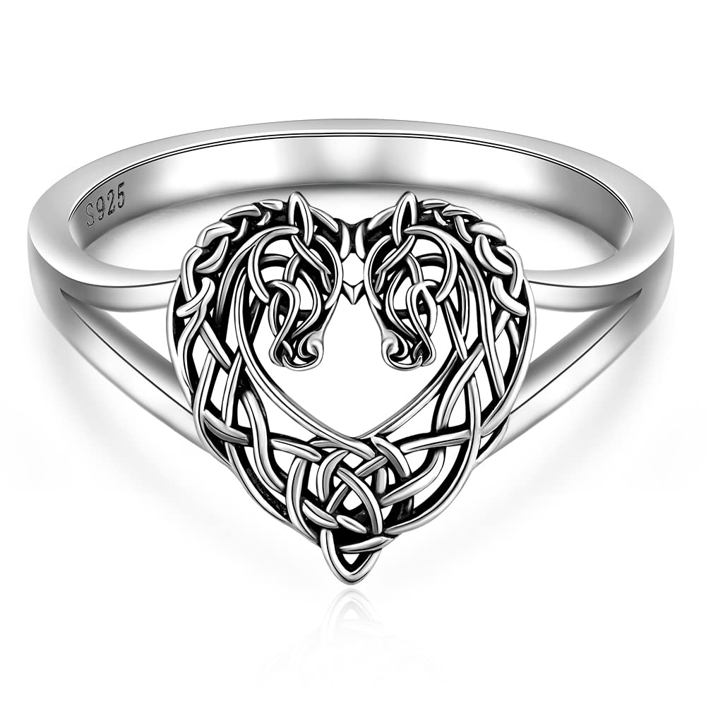 LOVGIFSET Celtic Horse Ring Celtic Knot Horse Wedding Rings for Women band Heart Sterling Silver Mustang Equestrian Jewelry Horses Lover Gifts Size 8