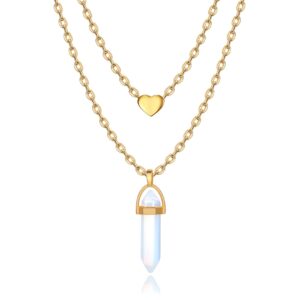 thjew natural opalite crystal stone bullet pendant necklace,opal crystal layered pendant necklace,natural gemstone pendant,opal crystal jewelry, yellow gold, opal