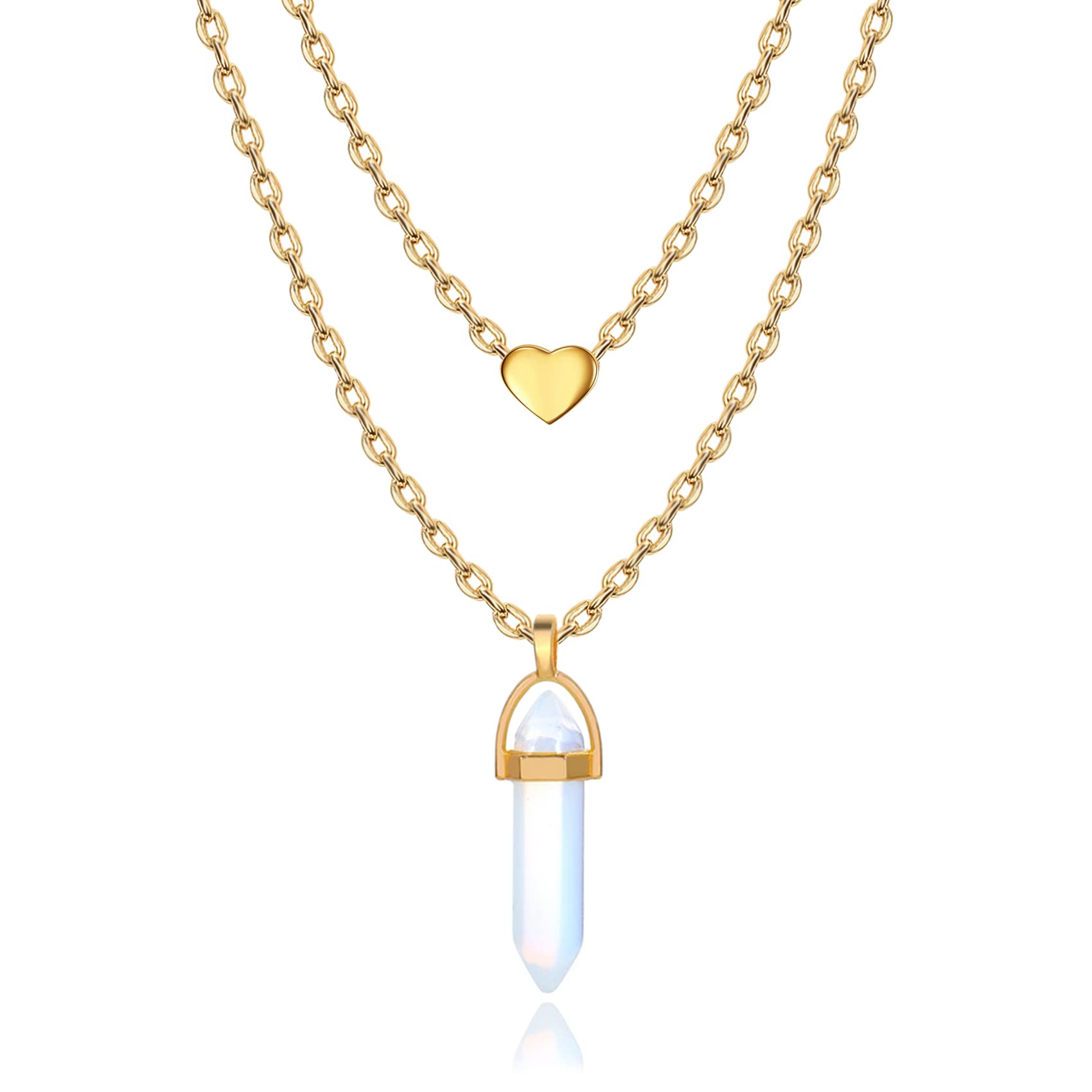 THJEW Natural Opalite Crystal Stone Bullet Pendant Necklace,Opal Crystal Layered Pendant Necklace,Natural Gemstone Pendant,Opal Crystal Jewelry, Yellow Gold, Opal