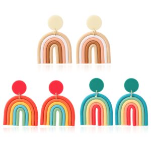 Bohemian Rainbow Earrings for Women Handmade Statement Earring Clay Dangle Earrings Colorful Ceramic Clay U Shape Earrings for Women Jewelry (3Pair Clay Earrings)