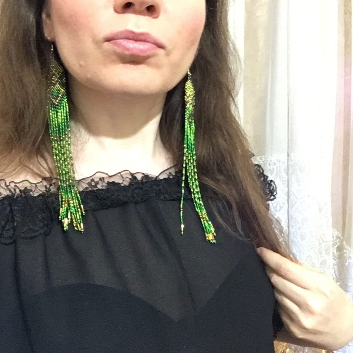 Long Beaded Tassel Earrings Unique Bohemian Bead Fringe Dangle Earrings Handmade Drop Tribal Earrings By BLUESTAR FASHION (Green)