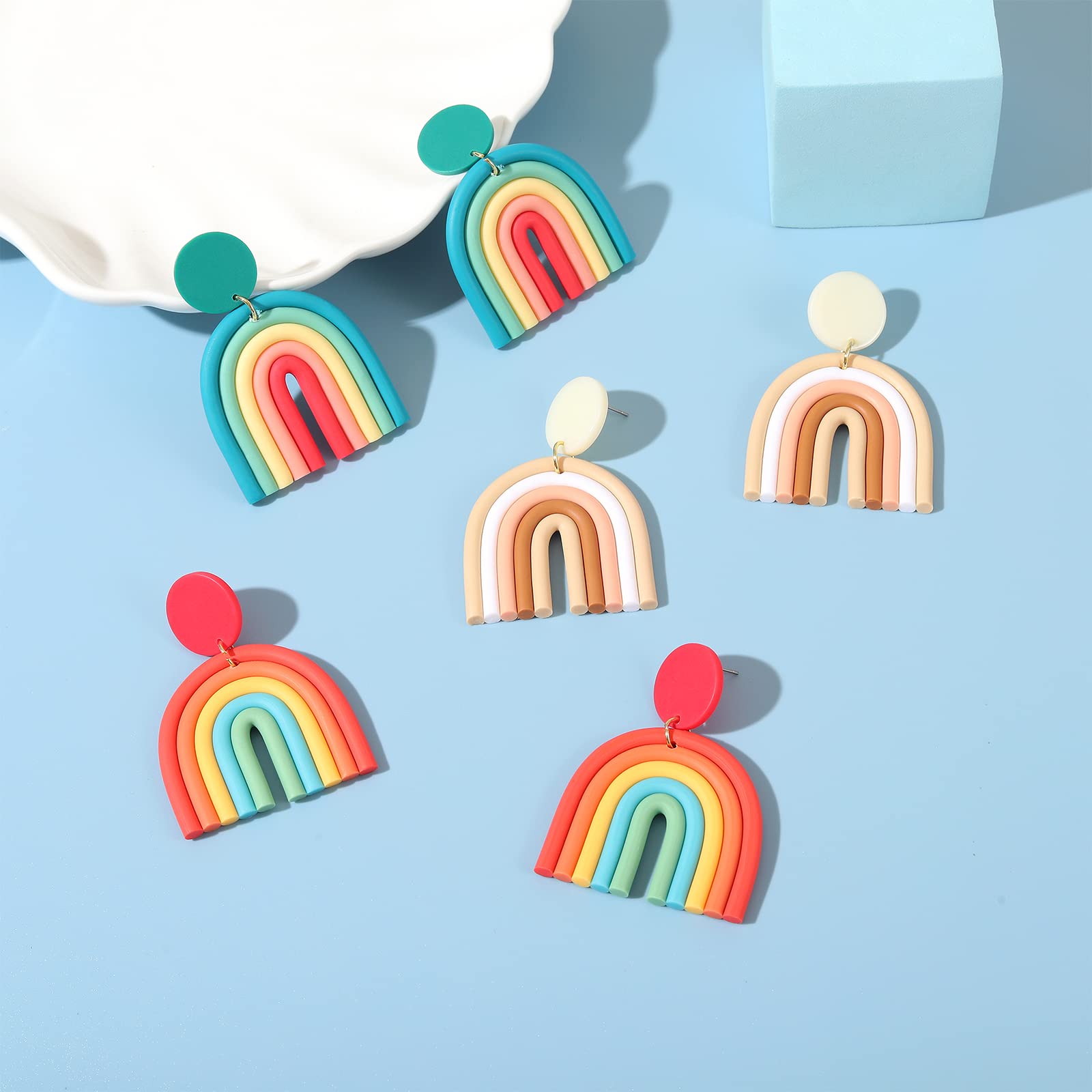 Bohemian Rainbow Earrings for Women Handmade Statement Earring Clay Dangle Earrings Colorful Ceramic Clay U Shape Earrings for Women Jewelry (3Pair Clay Earrings)