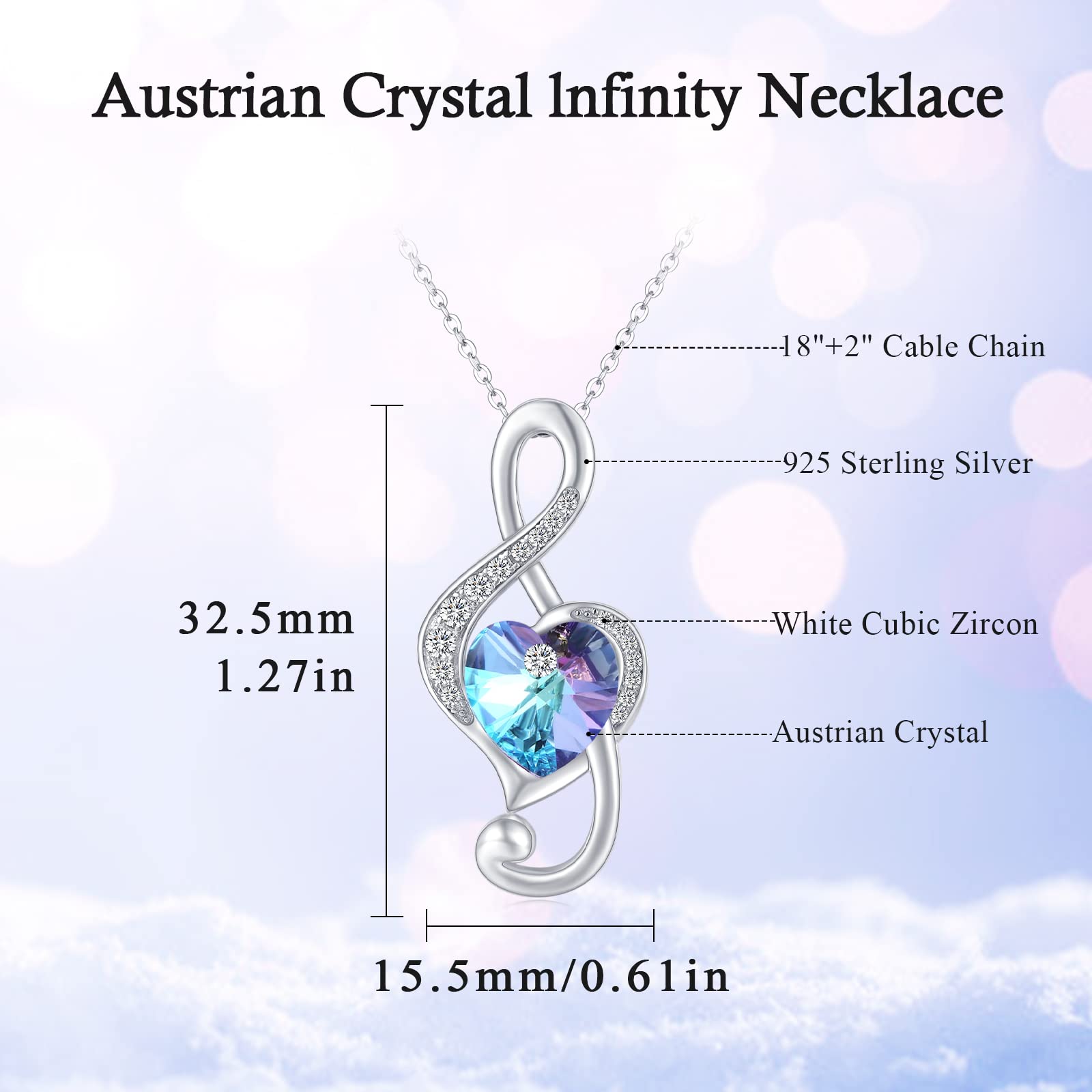 Music Necklace 925 Sterling Silver Music Note Pendant Austrian Crystal Heart Necklace Music Jewelry Gift for Women