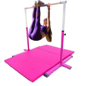 XDance Gymnastics Bar Kip Bar for Kids 3 in 1 Set with Adjustable Balance Tube, 6'x4' Tumble Mat, Expandable Height 3 to 5 FT Horizontal Bar Junior Gymnast Gymnastic Bar Asymmetric Bar Pink