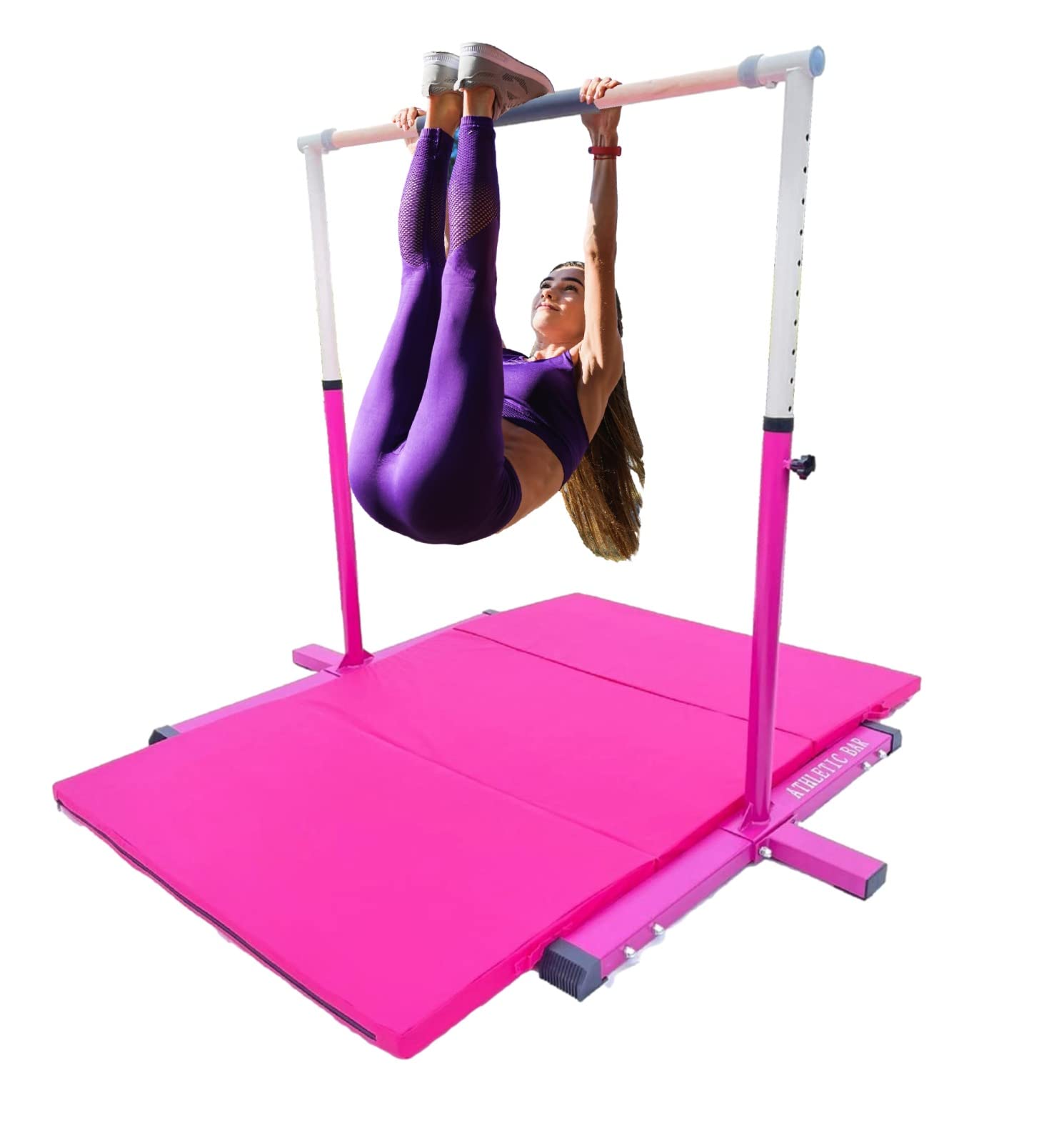 XDance Gymnastics Bar Kip Bar for Kids 3 in 1 Set with Adjustable Balance Tube, 6'x4' Tumble Mat, Expandable Height 3 to 5 FT Horizontal Bar Junior Gymnast Gymnastic Bar Asymmetric Bar Pink