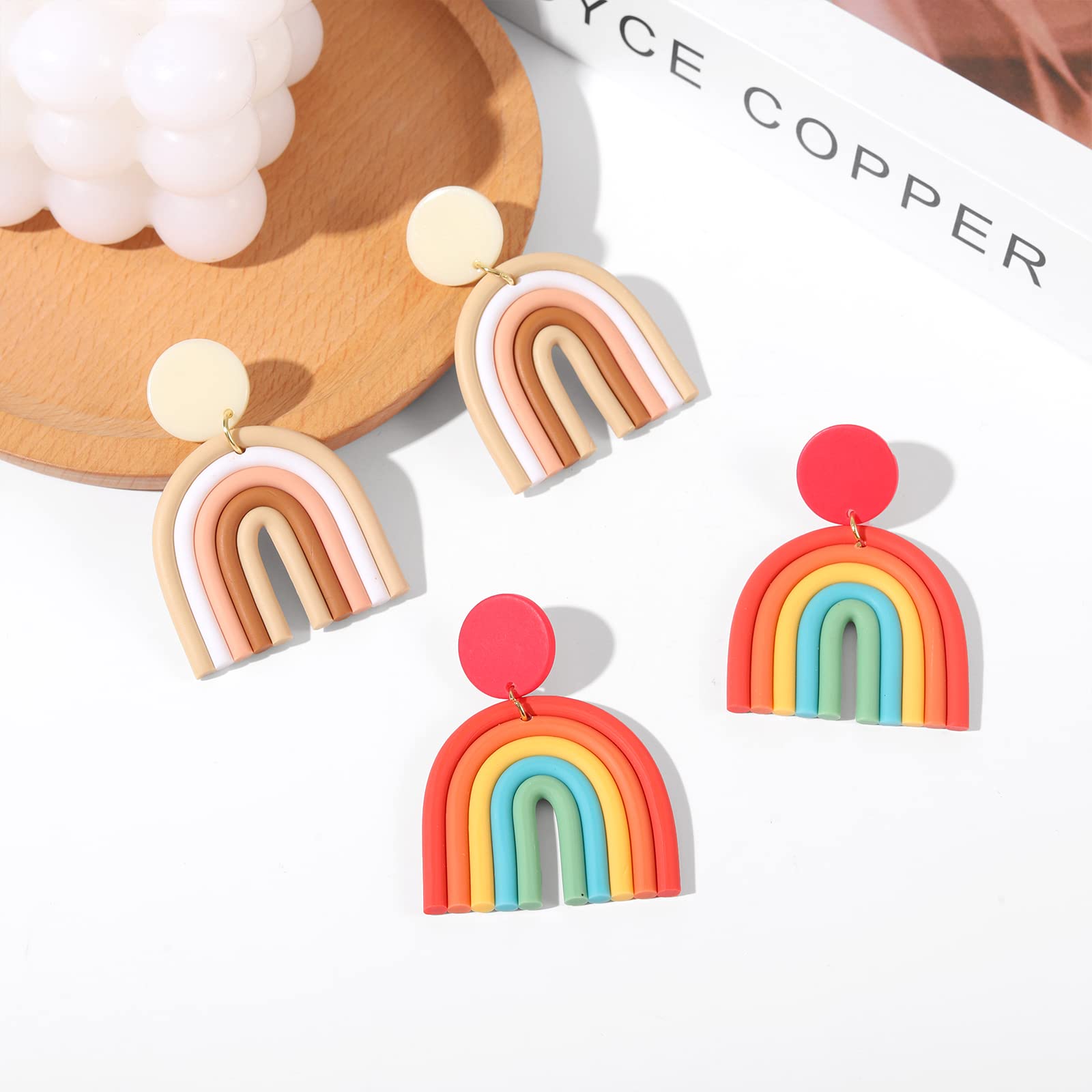 Bohemian Rainbow Earrings for Women Handmade Statement Earring Clay Dangle Earrings Colorful Ceramic Clay U Shape Earrings for Women Jewelry (3Pair Clay Earrings)